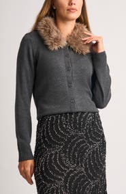 Halogen® Faux Fur Collar Cardigan