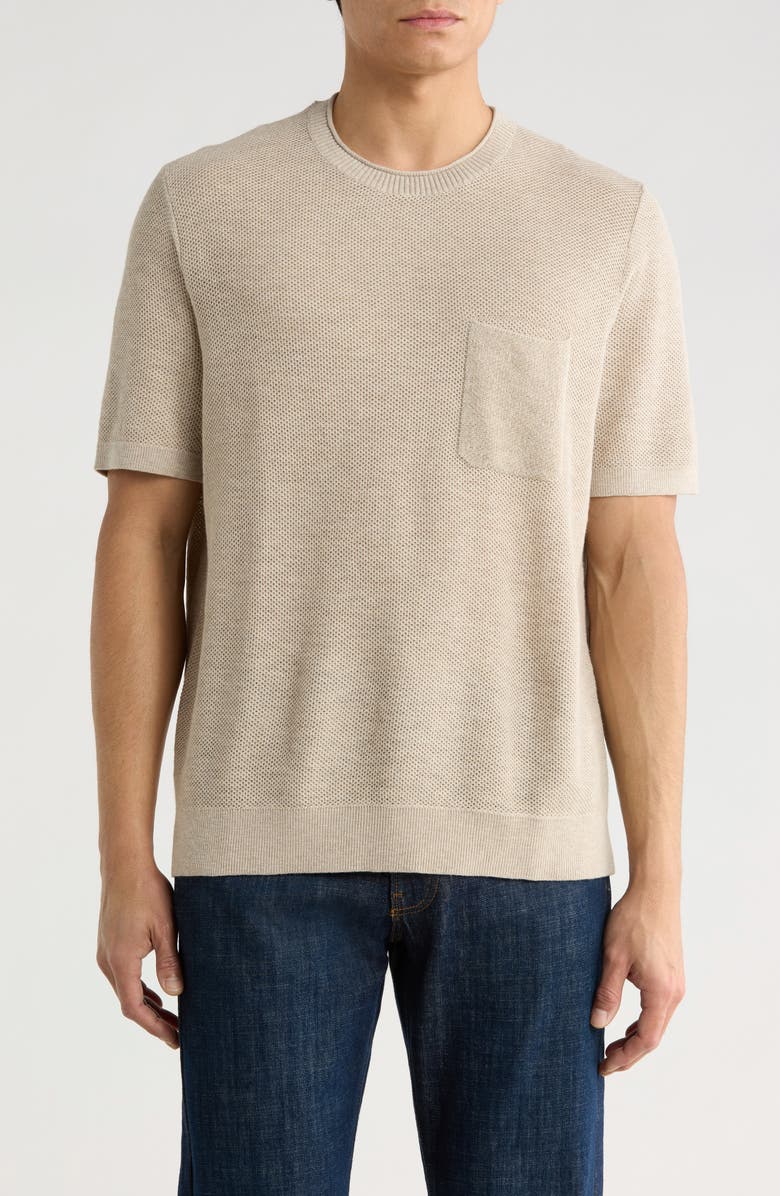 Tommy Bahama Salthill Short Sleeve Cotton & Linen Piqué Sweater, Main, color, Oatmeal Heather