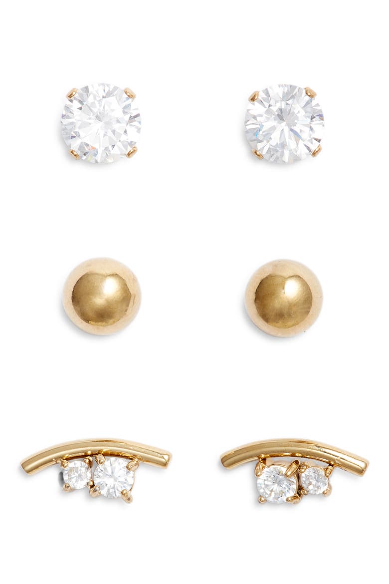 Set of 3 Waterproof Cubic Zirconia Assorted Stud Earrings, Main, color, CLEAR- GOLD