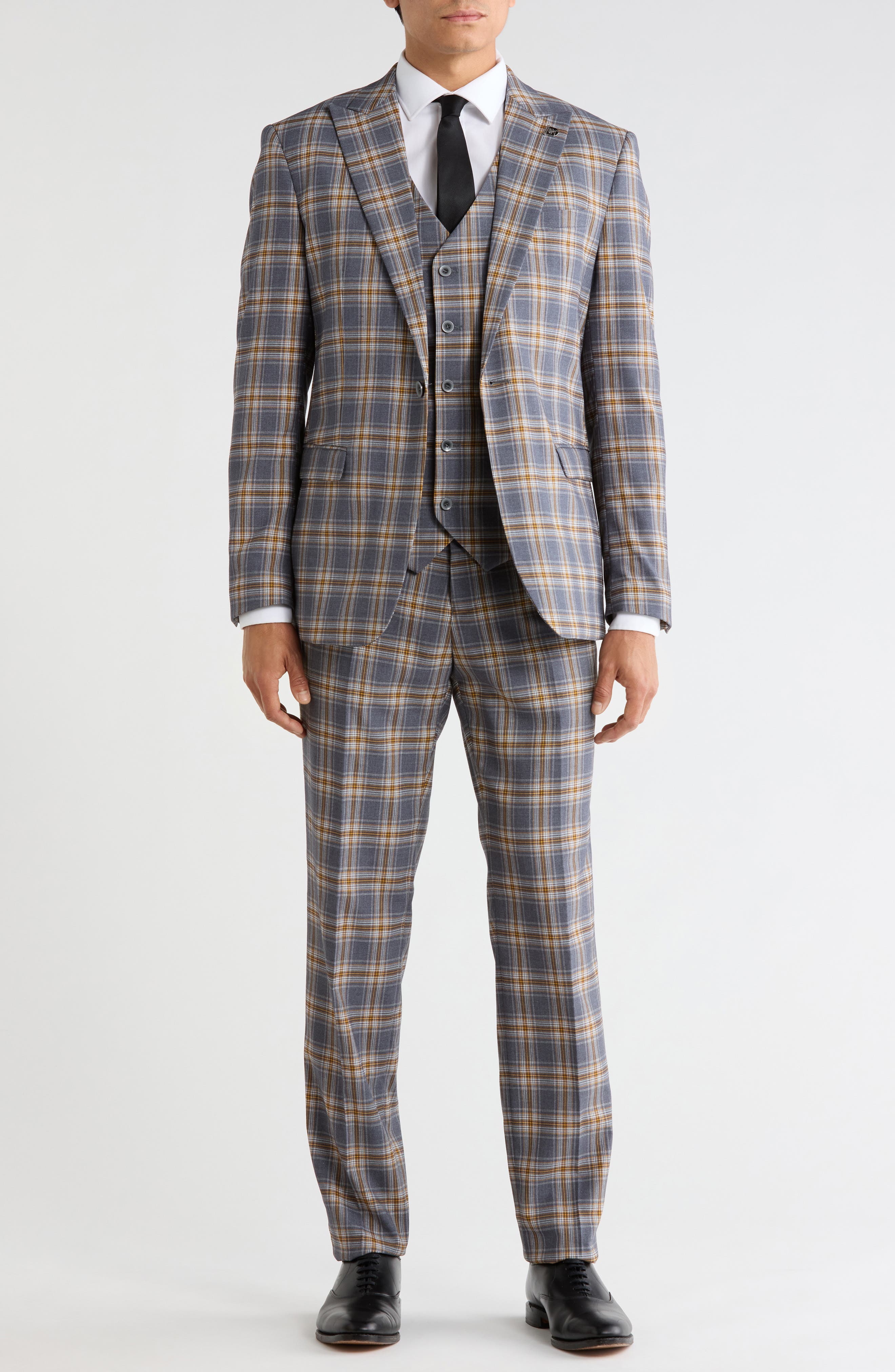Stacy Adams Windowpane Plaid 3-piece Suit In Charcoal / Yellow