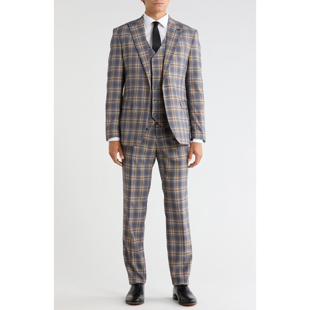 Stacy Adams Windowpane Plaid 3-piece Suit In Charcoal / Yellow