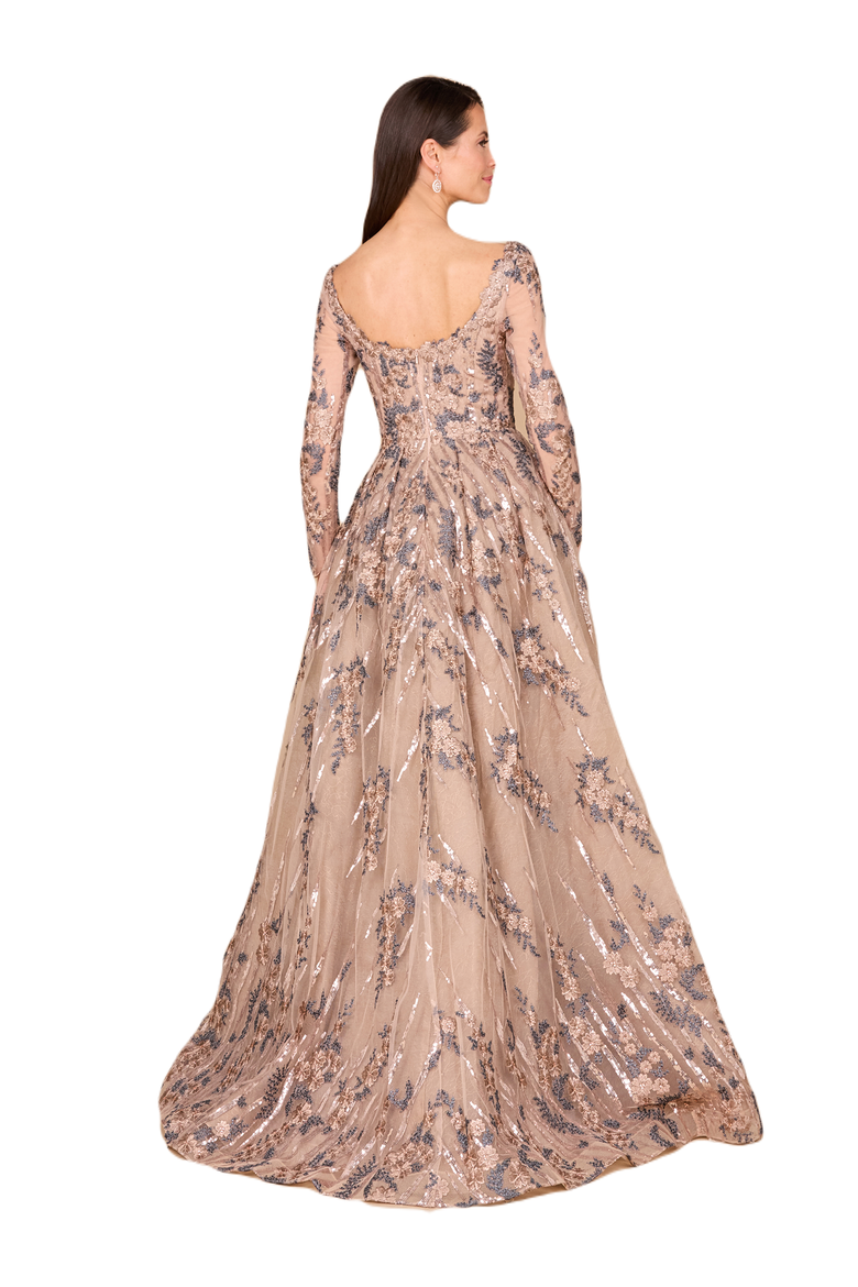 Long Sleeve Lace Gown with Overskirt, Alternate, color, Tan