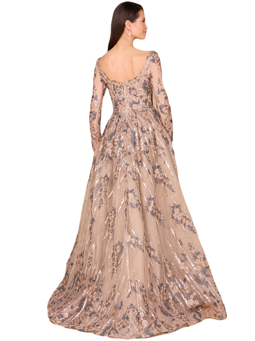 Lara New York Long Sleeve Lace Gown With Overskirt In Tan