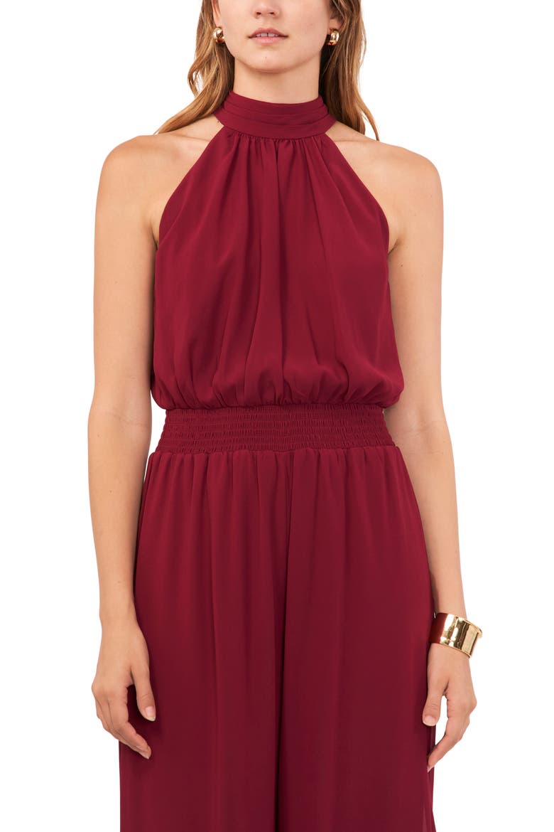 Tie Neck Chiffon Overlay Wide Leg Jumpsuit, Alternate, color, CRISP MERLOT