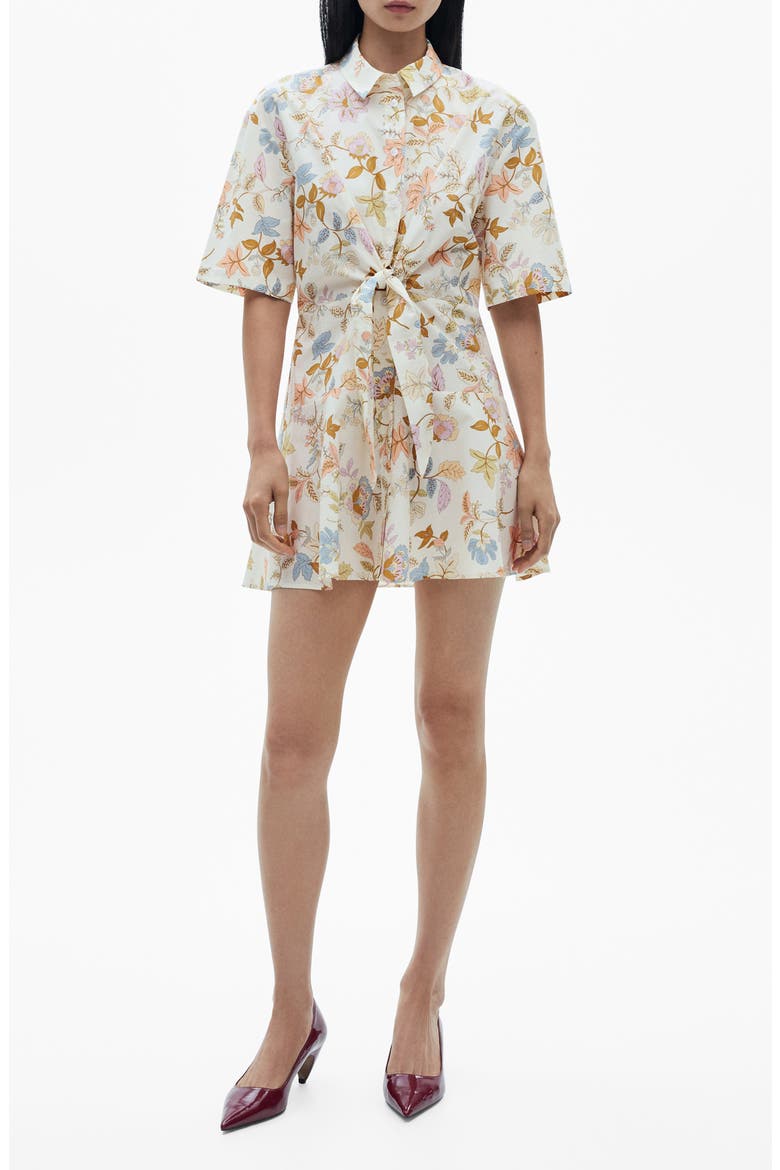 Floral Knot Front Cotton Mini Shirtdress, Main, color, ECRU