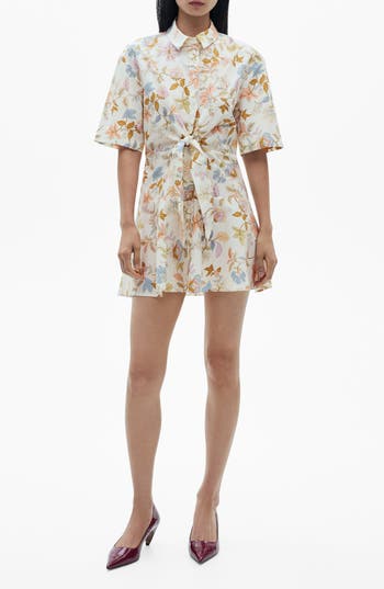 Mango Floral Knot Front Cotton Mini Shirtdress In Sand