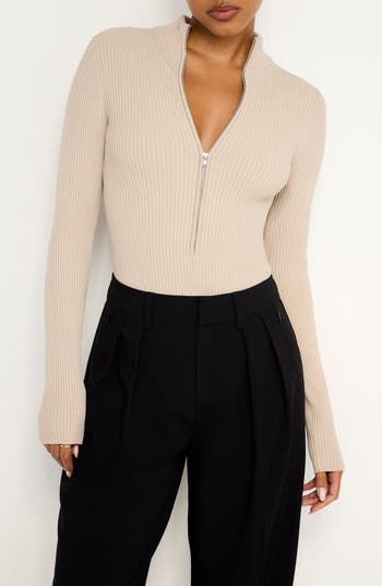 GOOD AMERICAN GOOD AMERICAN VIRGO LONG SLEEVE RIB THONG BODYSUIT