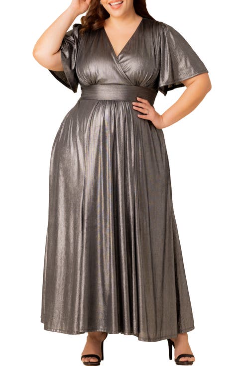Evania Metallic Flutter Sleeve Gown (Plus)