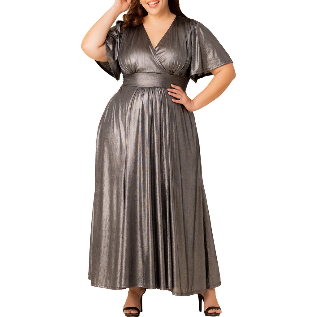 Kiyonna Evania Metallic Flutter Sleeve Gown In Gray
