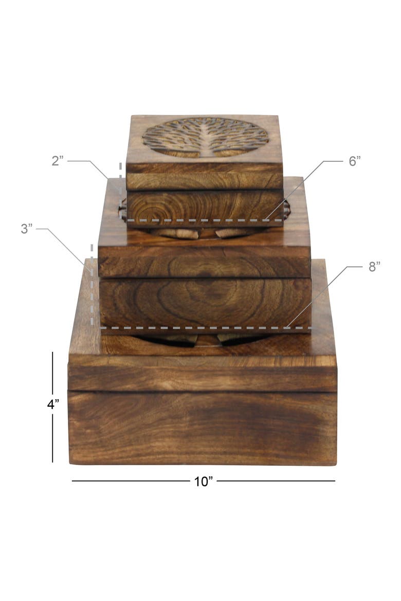 Handmade Wood Tree Set of 3 Storage Boxes, Alternate, color, BROWN