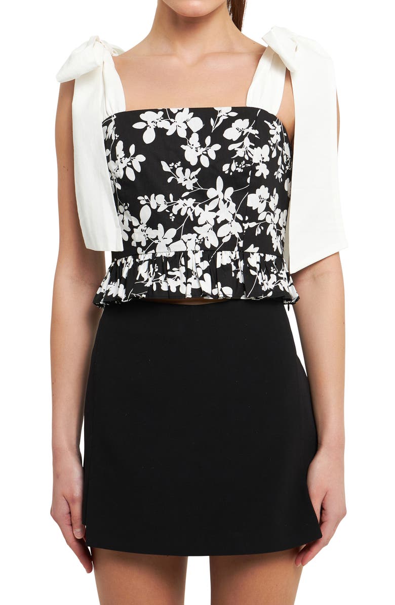 Endless Rose Bow Strap Peplum Tank, Alternate, color, Black/ White