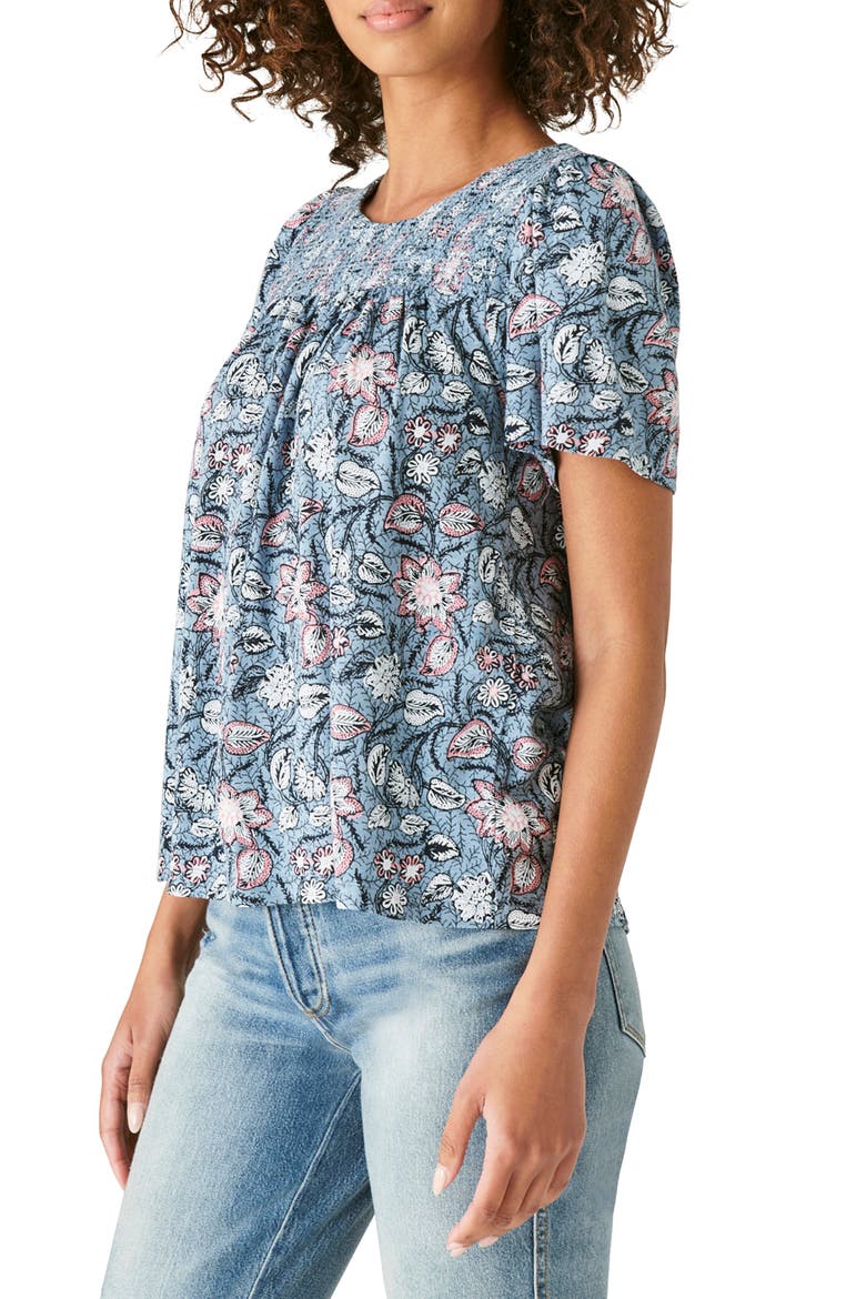 Floral Short Sleeve Gathered Top, Alternate, color, BLUE MULTI