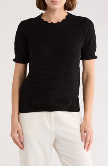 Melrose And Market Scalloped Short Sleeve Cotton Blend Sweater In Black