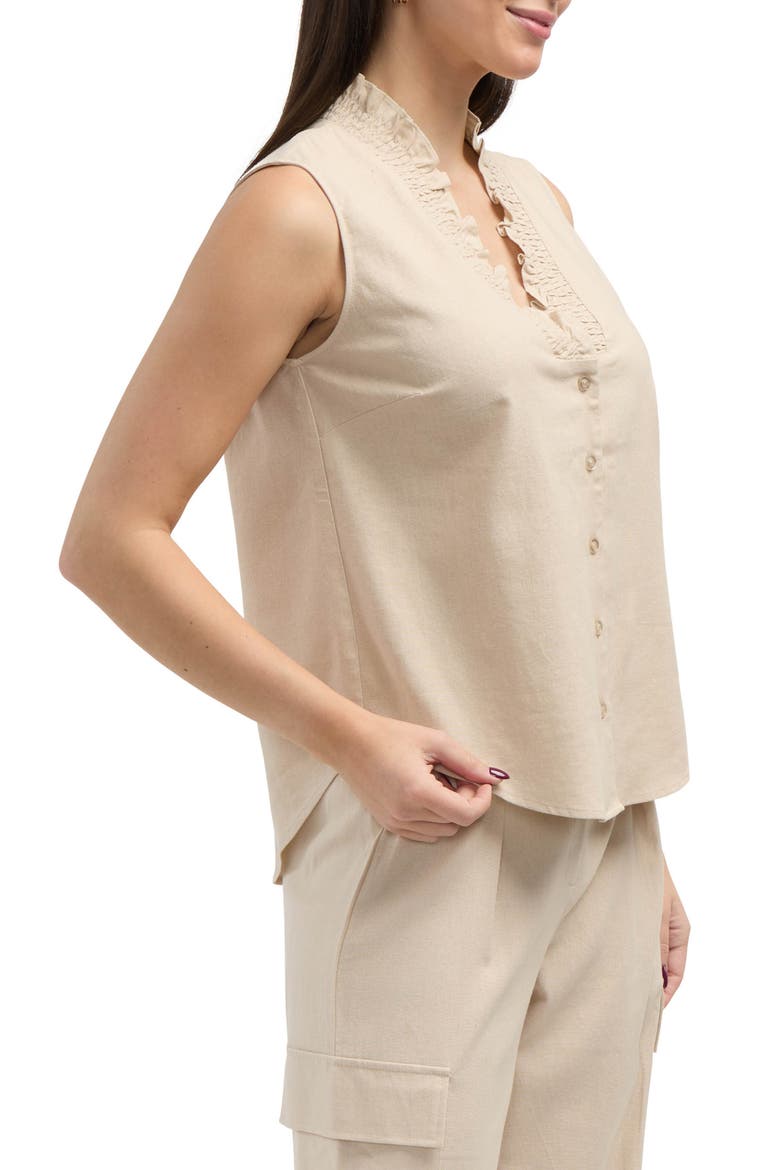 Ruffle Sleeveless Button-Up Shirt, Alternate, color, LINEN