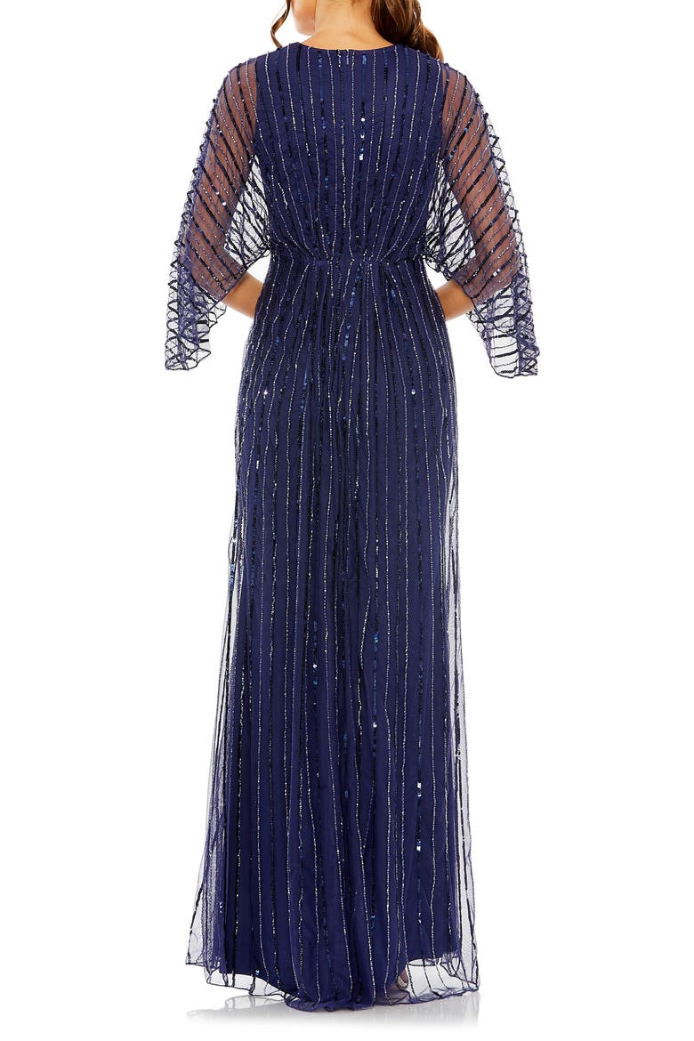 Sequin Beaded Stripe Cape Sleeve V-Neck Gown, Alternate, color, NAVY