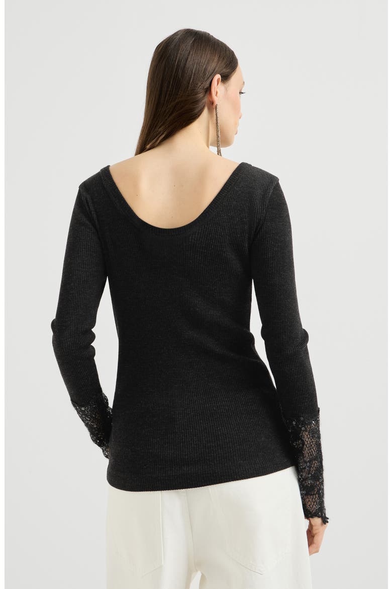 Ribbed wool jersey sweater with dazzling lace embroidery cuffs, Alternate, color, Anthracite