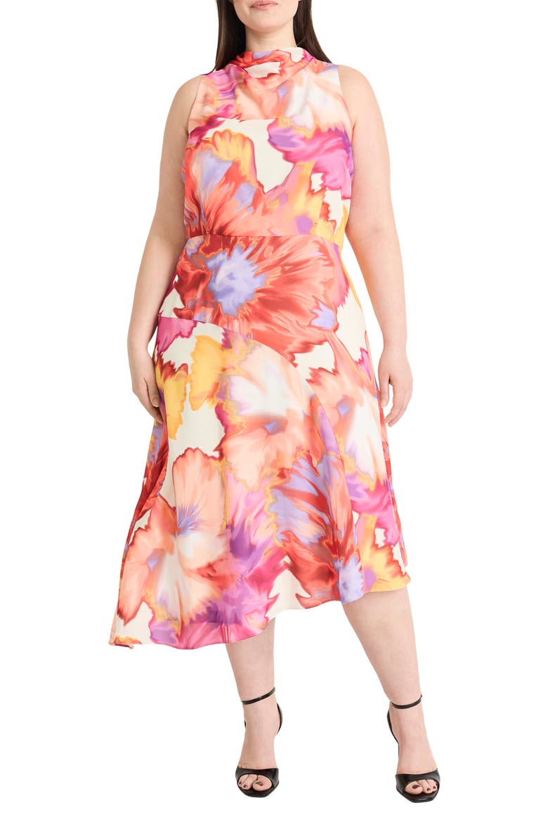Watercolor Asymmetric Midi Dress, Main, color, IVORY/ ORANGE