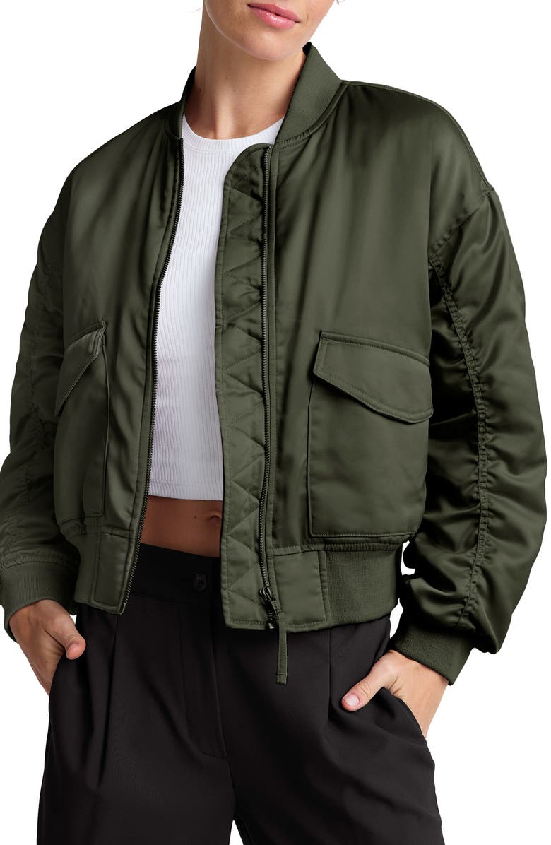 Beyond Yoga Melrose Shirred Sleeve Bomber Jacket, Main, color, Forest Green