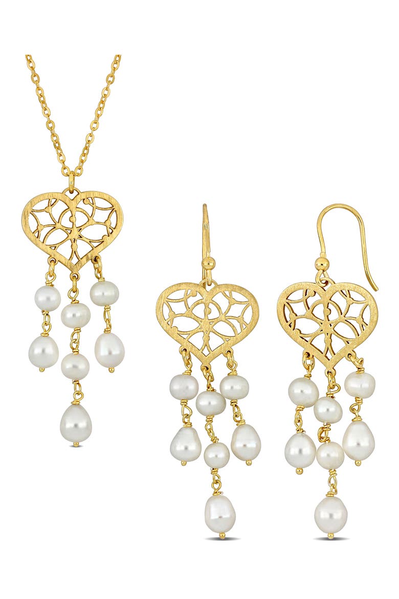 Cultured Freshwater Pearl Pendant Necklace & Drop Earrings, Main, color, GOLD