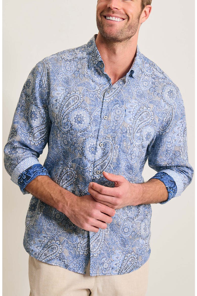 Blue Seas Medallion Paisley Print Button-Up Shirt, Main, color, BERING BLUE
