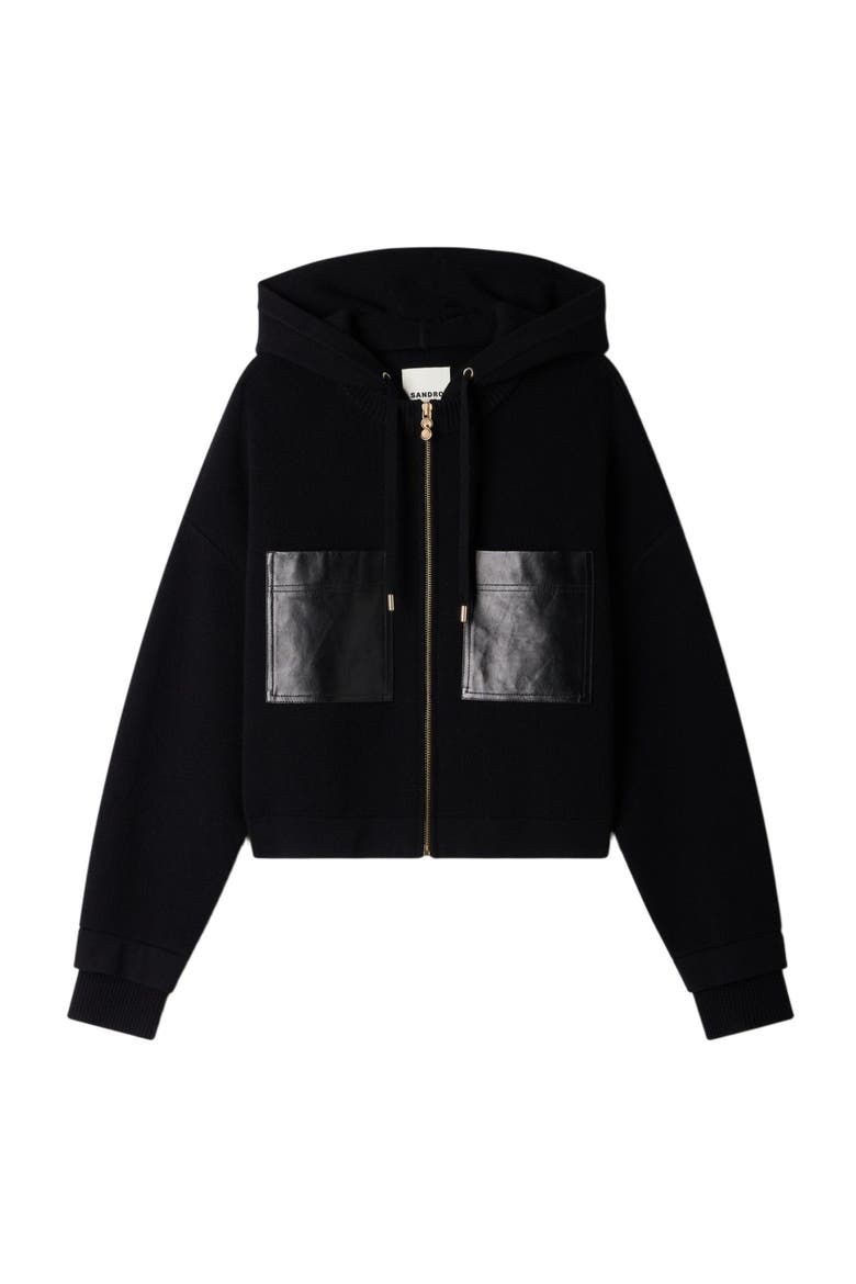 Hooded cardigan, leather details, Alternate, color, Black
