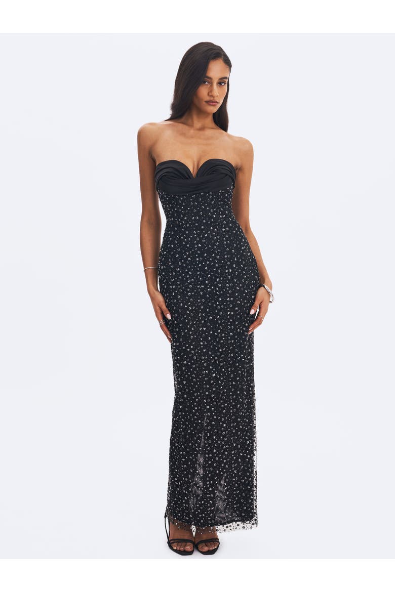 Preslie Satin & Crystal Mesh Sheath Maxi Dress, Alternate, color, Black