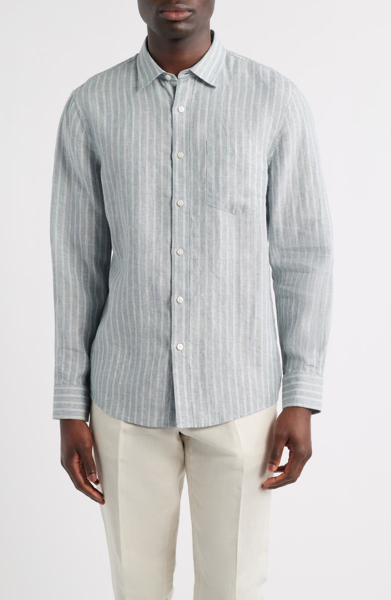 Nordstrom Pinstripe Linen Button-Up Shirt, Main, color, Blue Spruce Cliff Stripe