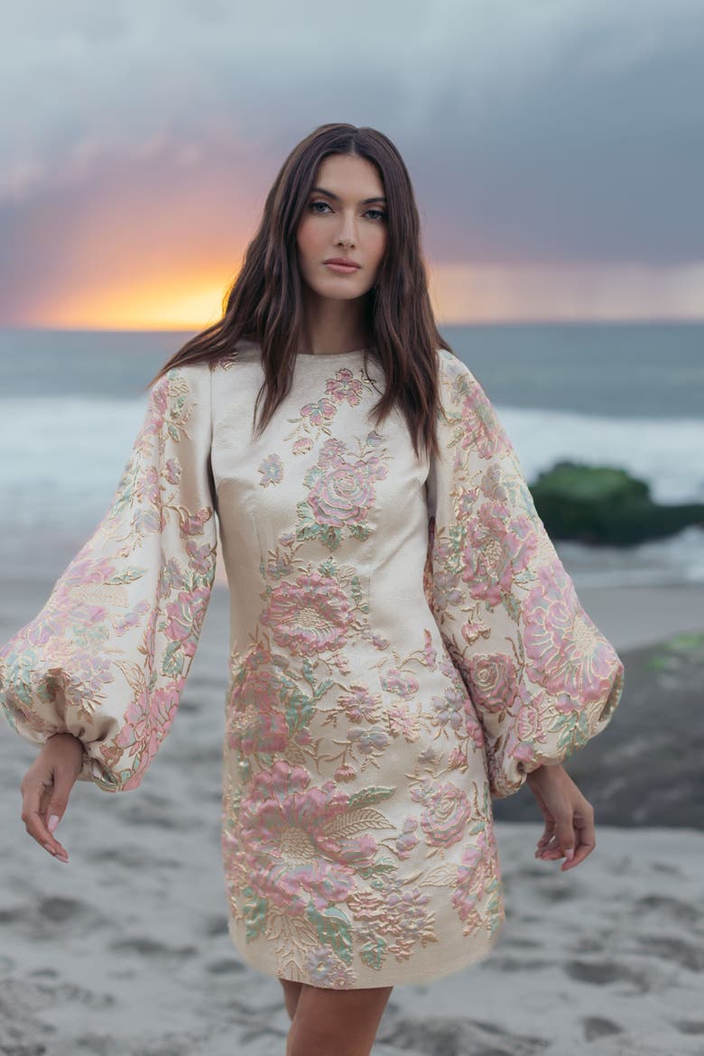 Brocade High Neck Long Bishop Sleeve Mini Dress, Alternate, color, Champagne Multi