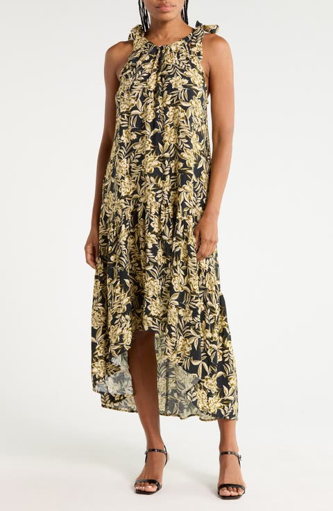 Tie Shoulder Printed High-Low Dress