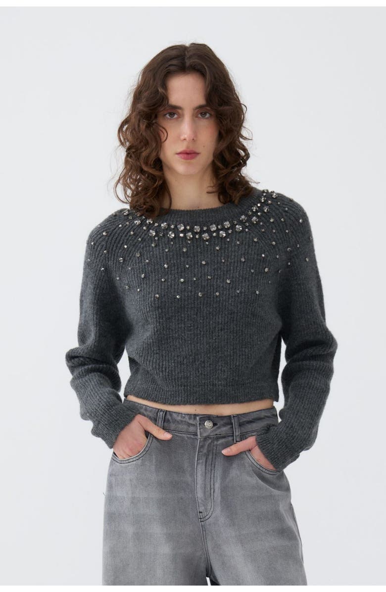 Nocturne Stone Embellished Crop Sweater, Main, color, 