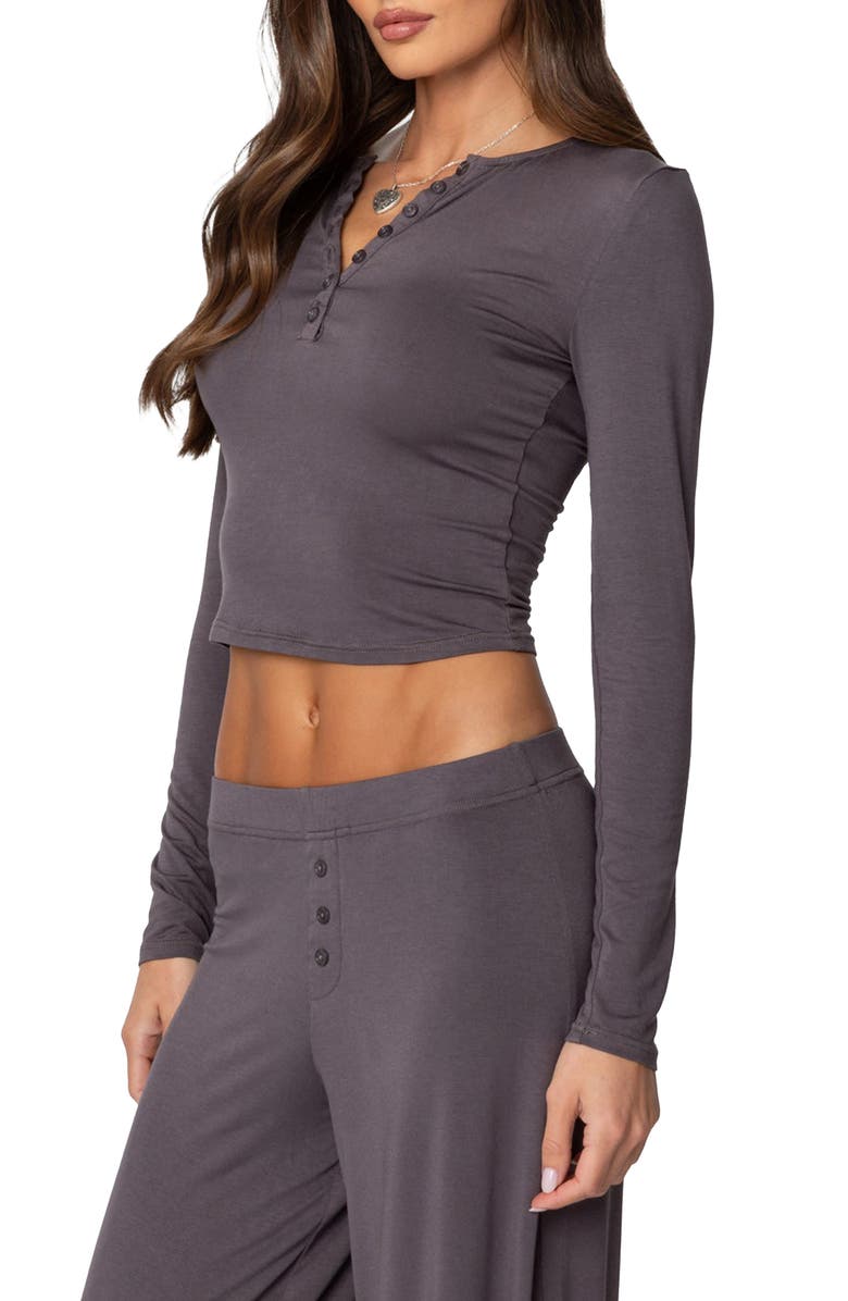 EDIKTED Kait Long Sleeve Crop Henley, Alternate, color, Gray