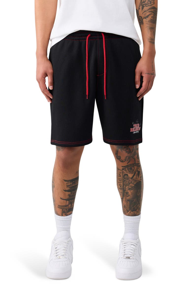 Buddha Contrast Fleece Shorts, Main, color, JET BLACK
