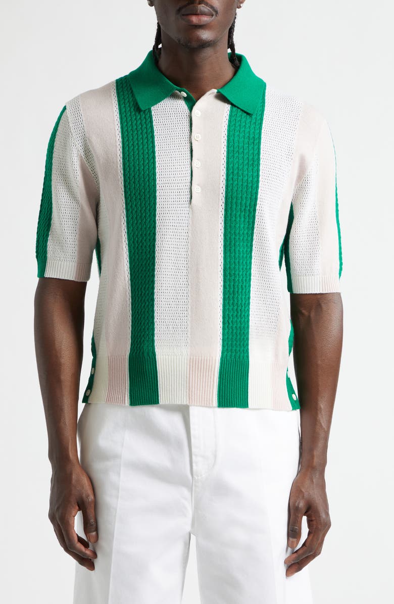 Thom Browne Shadow Stripe Mixed Stitch Short Sleeve Cashmere Polo Sweater, Main, color, Light Pink