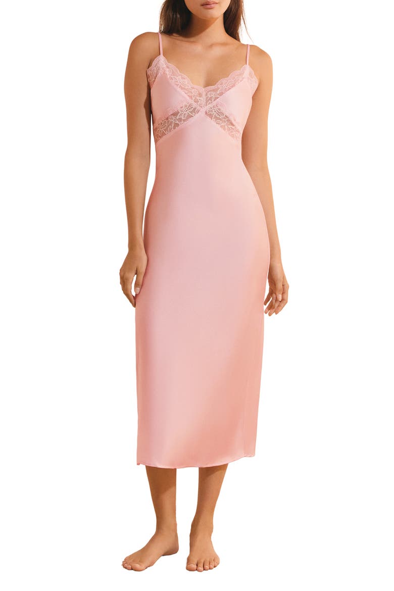 Desire Lace Trim Long Chemise, Main, color, PINK