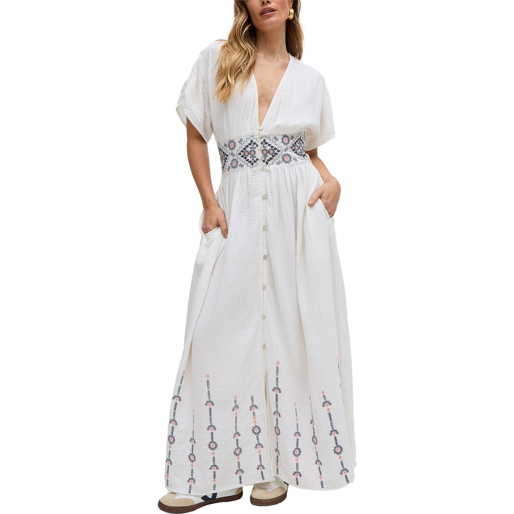 Raffya Sally Ann Button Down Embroidery Maxi Dress In White
