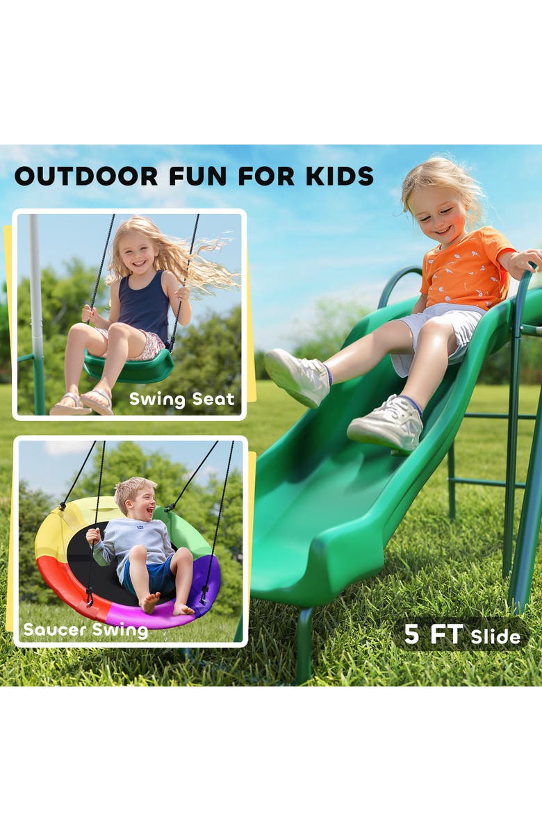 Qaba Metal Swing Set with Slide, Saucer Swing Seat, A-Frame Stand, Kids Ages 3-8, Alternate, color,
