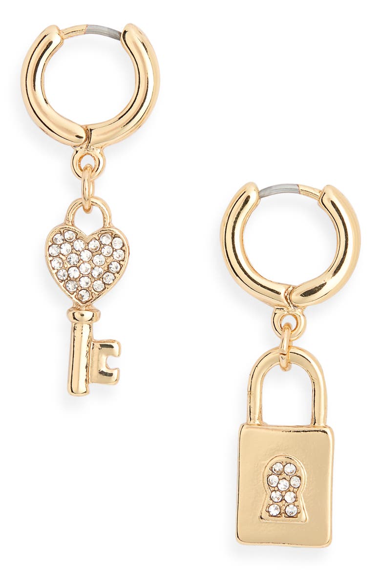Valentine's Day Lock & Key Drop Earrings, Main, color, CLEAR- GOLD