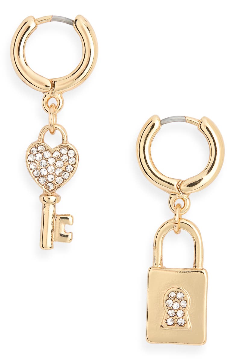 Leith Valentine's Day Lock & Key Drop Earrings, Main, color, Clear- Gold
