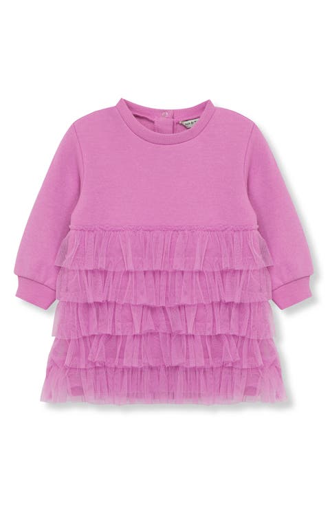 Ruffle Long Sleeve Cotton Blend Sweatshirt Dress (Baby)