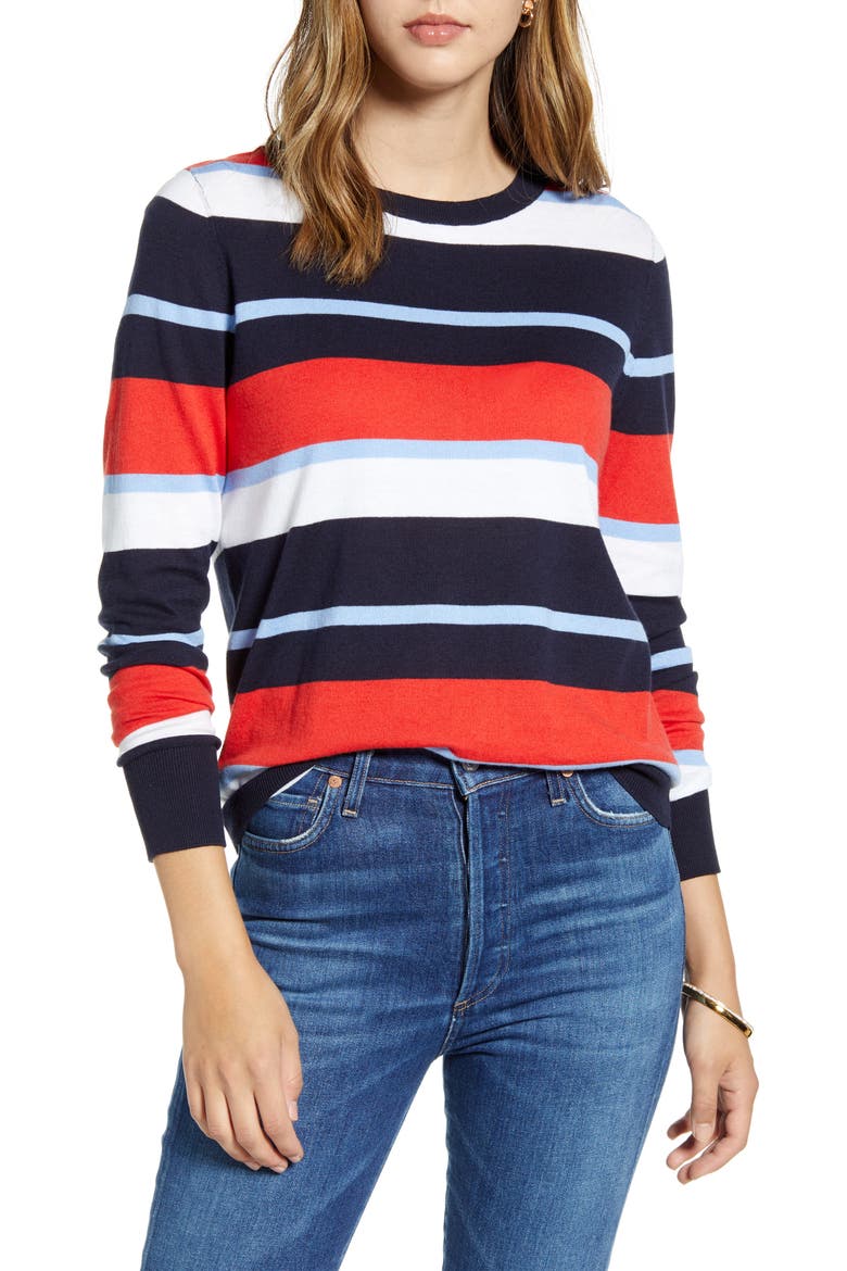 Button Back Sweater, Main, color, NAVY N- RED SUMMER STRIPE