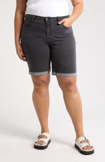 Vigoss Cuffed Denim Bermuda Shorts In Washed Black