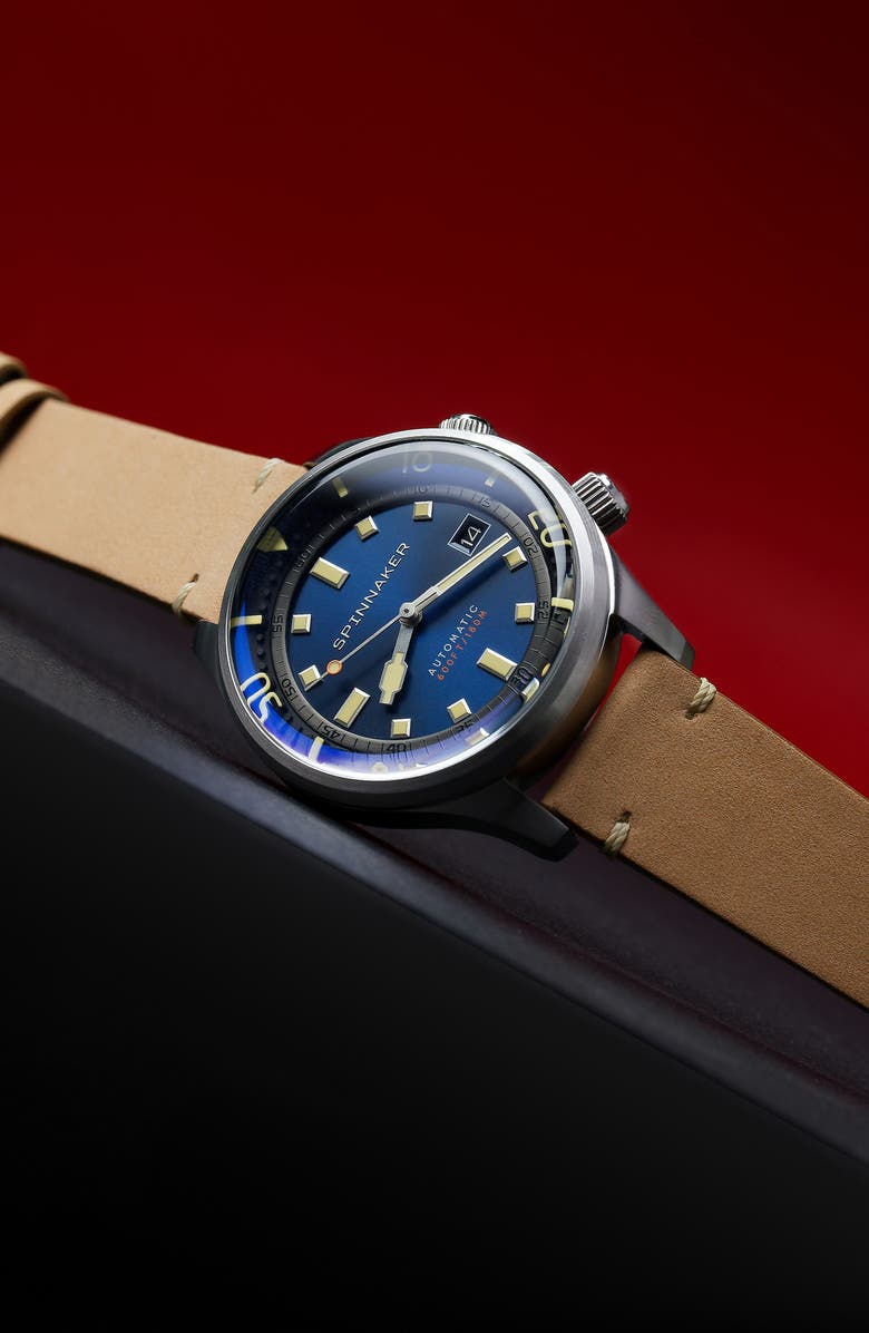 SPINNAKER Bradner Automatic Leather Strap Watch, 42mm, Alternate, color, Blue