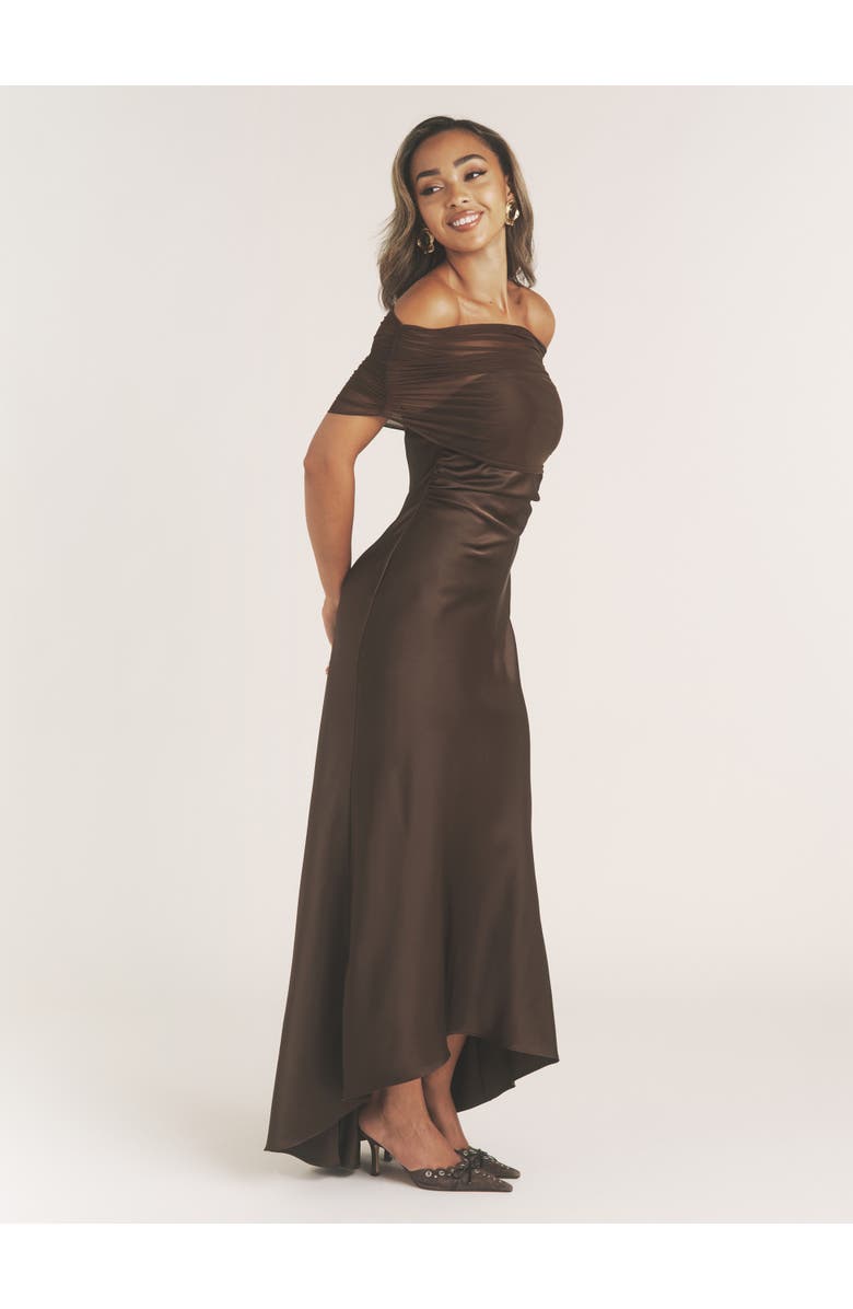 Six Stories Bardot Detail Satin Midaxi Dress, Alternate, color, Mocha