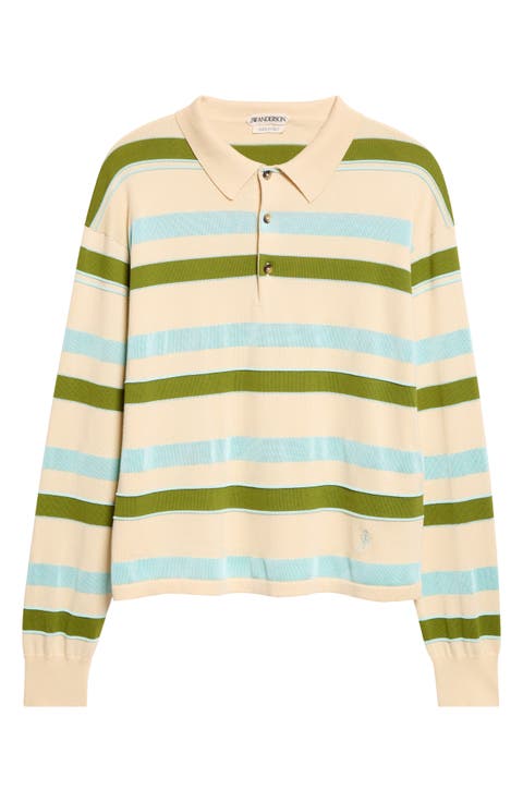 Textured Stripe Long Sleeve Rugby Polo