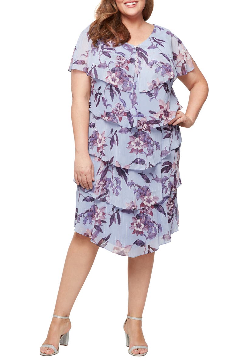 SL FASHIONS Floral Ruffle Tiered Chiffon Cocktail Dress, Main, color, Periwinkle