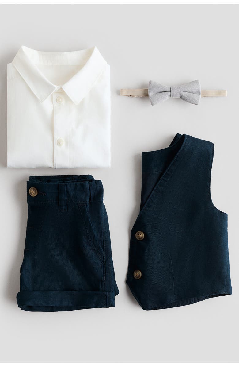 H&M 4-piece Linen-blend Dressy Set, Alternate, color, Navy Blue/White