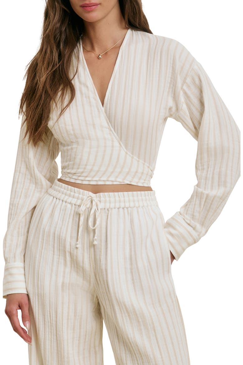 The Isla Stripe Cotton Crop Wrap Top, Main, color, LIGHT KHAKI STRIPE