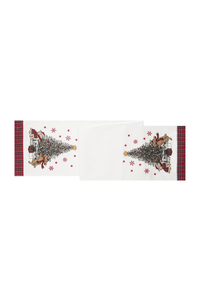 Festive Dogs Christmas Tree Cotton Blend Vintage Table Runner 13" x 72", Main, color, Off-White
