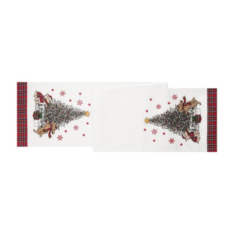 Festive Dogs Christmas Tree Cotton Blend Vintage Table Runner 13" x 72"