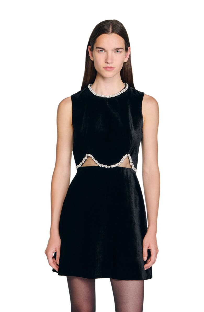 SANDRO Short velvet dress with cutouts, Alternate, color, Black